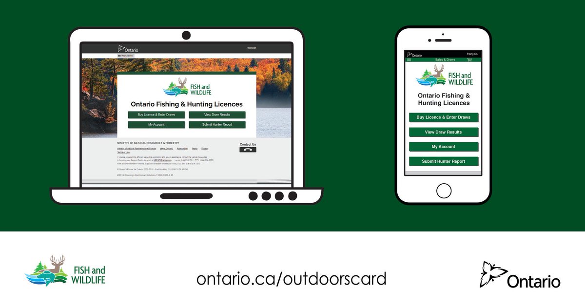 FishWildlifeON's tweet photo. It's here! Welcome to our new Fish and Wildlife Licensing Service. Purchase hunting and fishing products online or on your mobile device. You have the option to save your Licence Summary to a mobile device for convenient access. Learn more: https://t.co/F8LoCNlhhM #CyberMonday https://t.co/IPzZeqjqTl