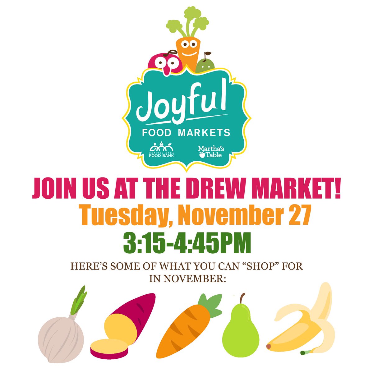 DrewDCPS's tweet photo. Calling all Drew Students and Parents! Don’t forget to stop by the November Joyful Food Market on November 27th from 3:15 -4:45pm for food, fun, and healthy eating resources for the entire family! #JoyfulFoodMarket https://t.co/V7TheyqxCa