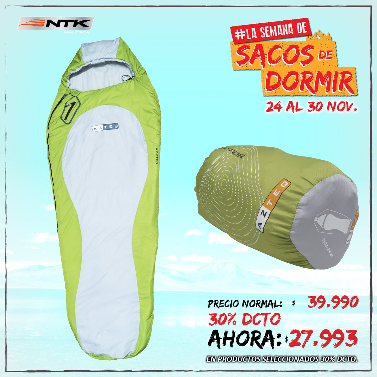 Nautika_Chile's tweet image. El saco Raptor de nuestra línea Azteq es ideal para salidas a climas más fríos, con diseño tipo momia que mantiene el calor, ofreciendo una temperatura extrema de 2º ¡No dejes pasar esta oferta! #Camping #vacaciones #verano #outdoors #chile #acampar #trekking #oferta #descuentos