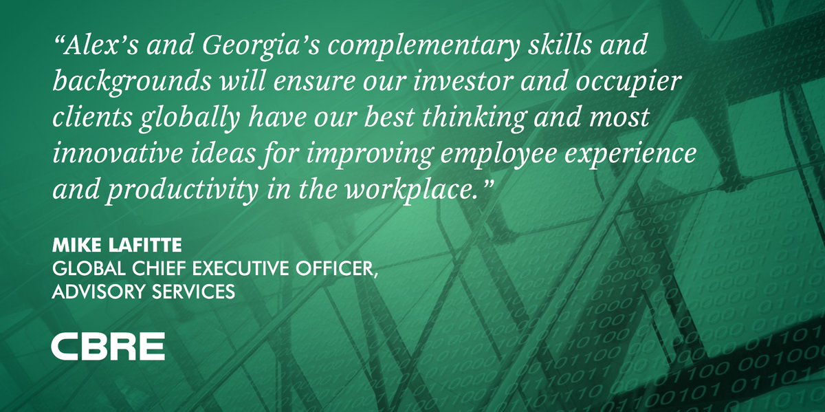 CBRE's tweet photo. CBRE appoints Alex Andel and Georgia Collins co-leaders of workplace experience service #CBRE360 https://t.co/fjAlcmvhBU #proptech https://t.co/3DNzApGLyo