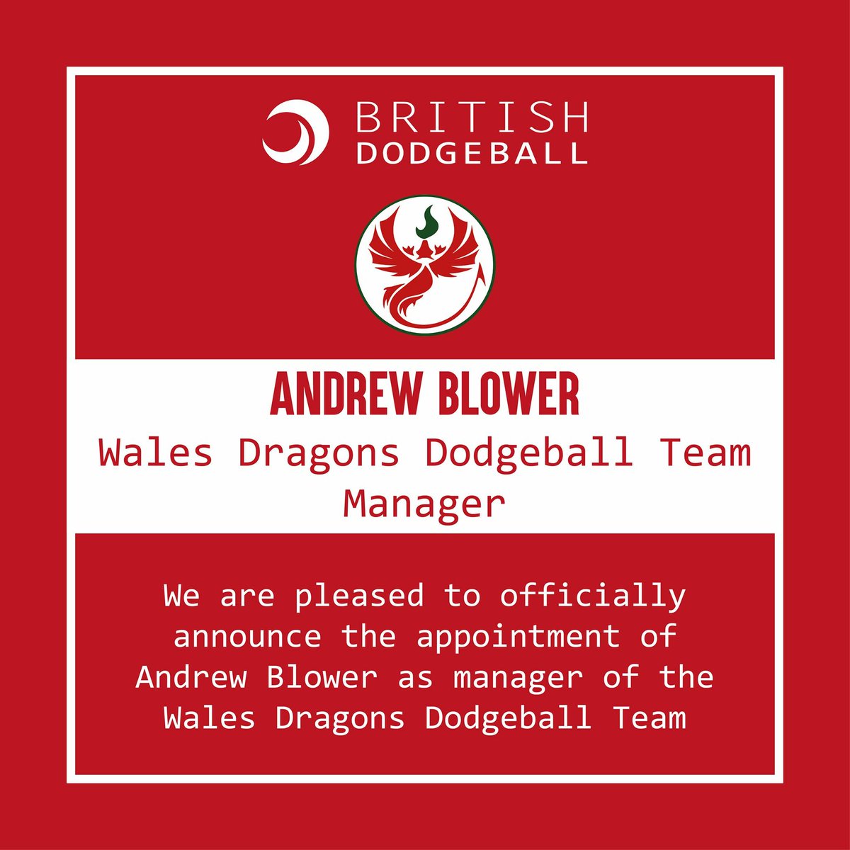 We are delighted that one of our Minotaurs, Andrew Blower, has been officially made <a href="/WalesDodgeball/">Wales Dragons Dodgeball 🏴󠁧󠁢󠁷󠁬󠁳󠁿</a> team manager. Congrats Andrew! #MDB #International 🏴󠁧󠁢󠁷󠁬󠁳󠁿 🏴󠁧󠁢󠁷󠁬󠁳󠁿 🏴󠁧󠁢󠁷󠁬󠁳󠁿