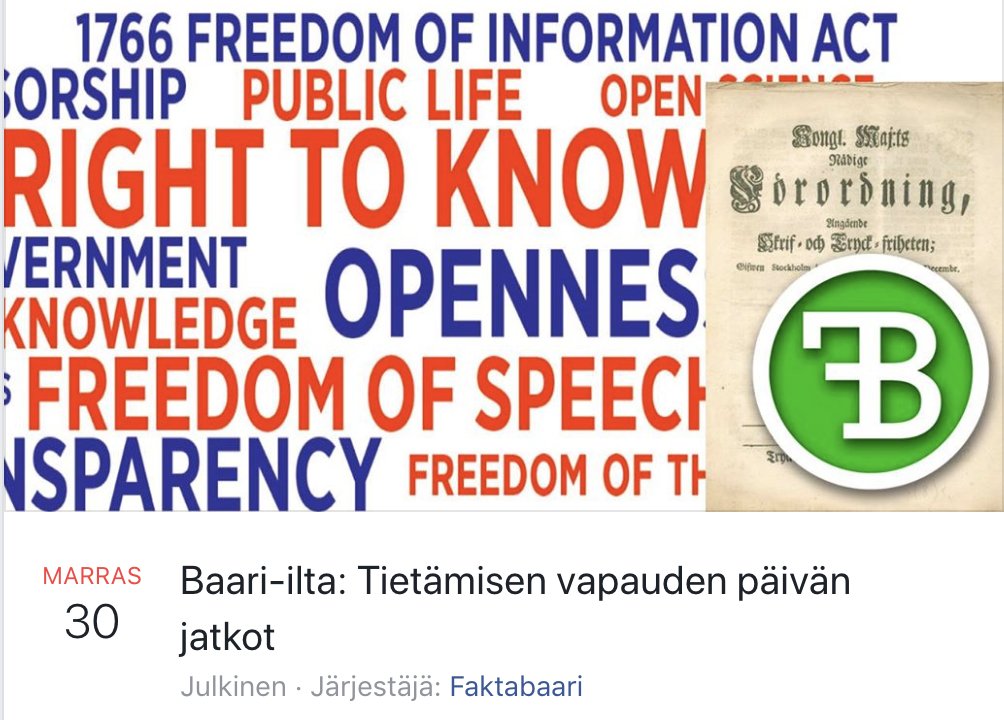 Faktabaari's tweet photo. Perjantaina 30.11. #Tietämisenvapaus päivä 
Tervetuloa nostamaan lasillinen baari-illassamme @plmuseo #disinformaatio seminaarin jatkoille klo 18- lisätietoa/more ⬇️✅🥂 https://t.co/7Bv8TMRNXT @FactBar https://t.co/Y5h1gueAau