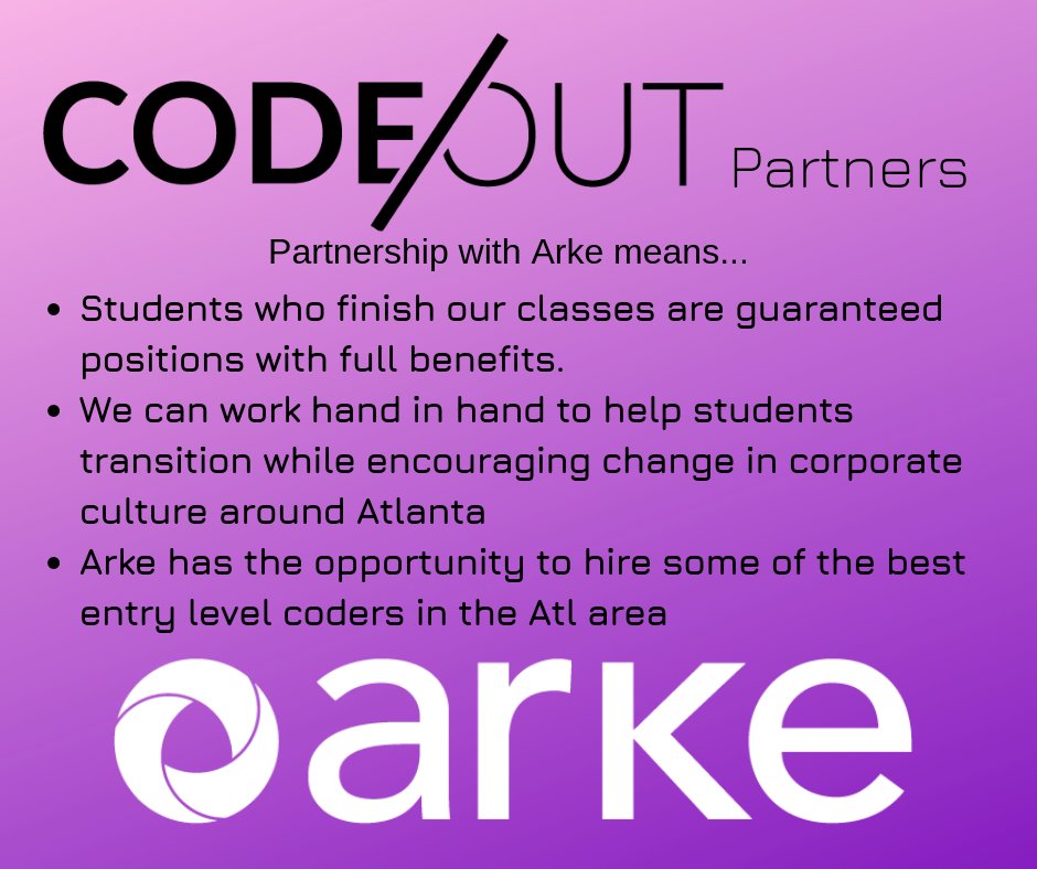 CodeOutInc's tweet image. Hiring Partners are hard to find- but we found @ArkeSystems early one and we couldn&apos;t be more excited. Together, we&apos;re changing the face of tech in Atlanta. #JoinInCodeOut