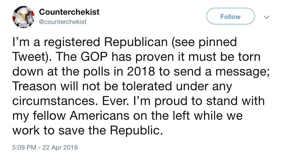 conspirator0's tweet photo. @wikileaks What does this have to do with "Democrats"?  The tweets shown in that thread are from someone who identifies as a registered Republican. So much for @wikileaks' much-vaunted 100% accuracy rate.  #StuckInAnEmbassy https://t.co/yQMI3M13G5