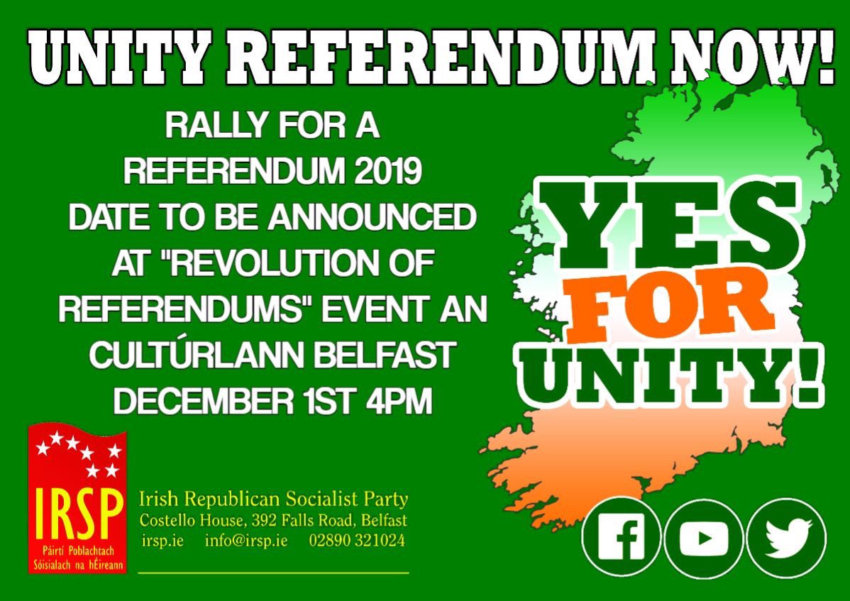 UnityYes's tweet photo. #YesForUnity to announce a national mobilisation in the form of a ‘Rally For A Referendum 2019’ this Saturday-An Cultúrlann @ 4pm!
Everyone Welcome!
Please Share
#Rally4Referendum #UnityReferendumNow #Ireland #BorderPoll #Brexit #UnityRef https://t.co/f7tliqC6NO