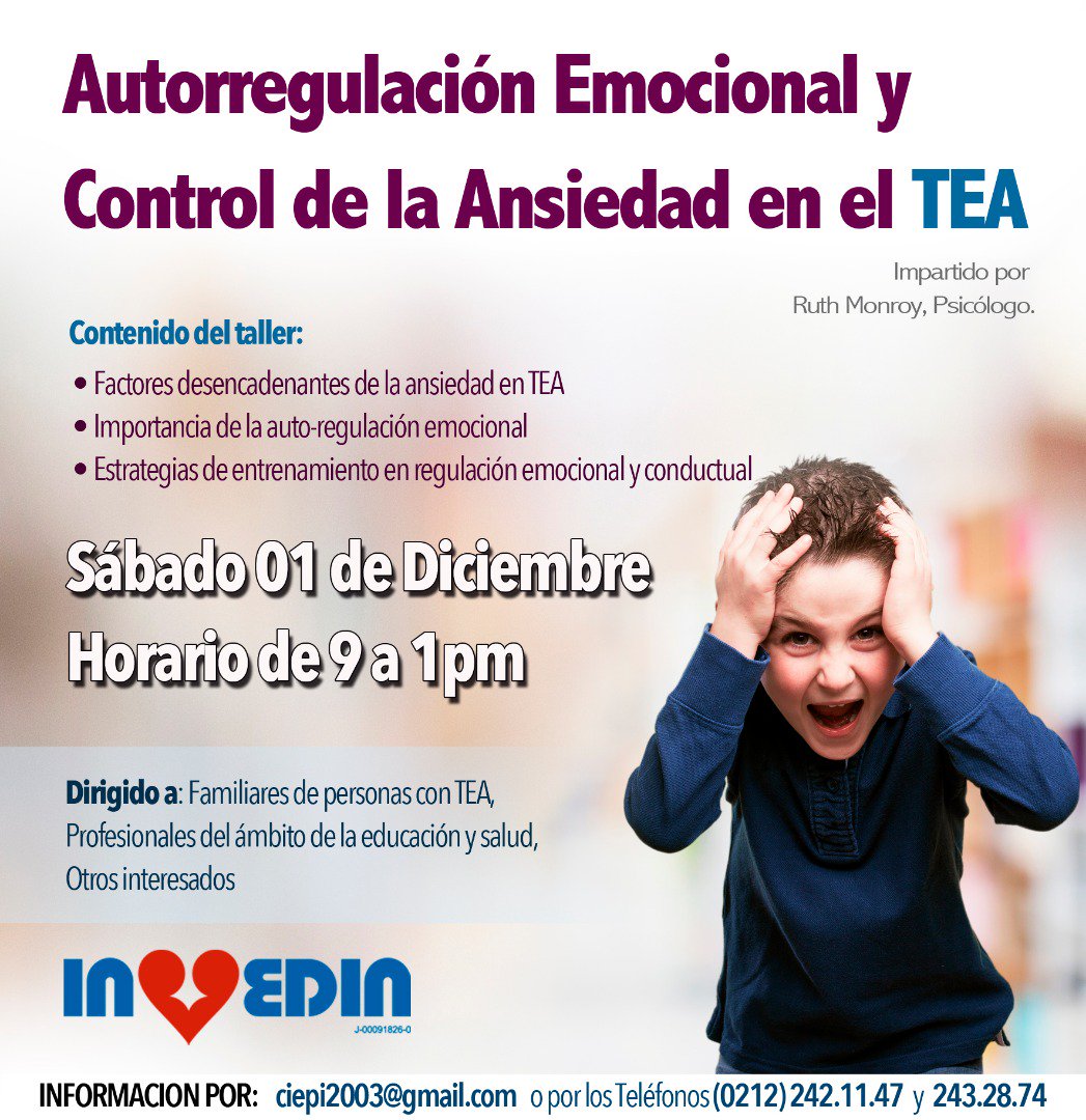 Ciepi's tweet photo. Autorregulación Emocional y Control de la Ansiedad en el TEA. Asiste a nuestro taller este 01 de diciembre. Abierto a padres, profesionales y público interesado. Inscripciones Contacto: ciepi2003@gmail.com  212 242-11-47 / 243-25-82 @Invedin https://t.co/4WVT44Ios2