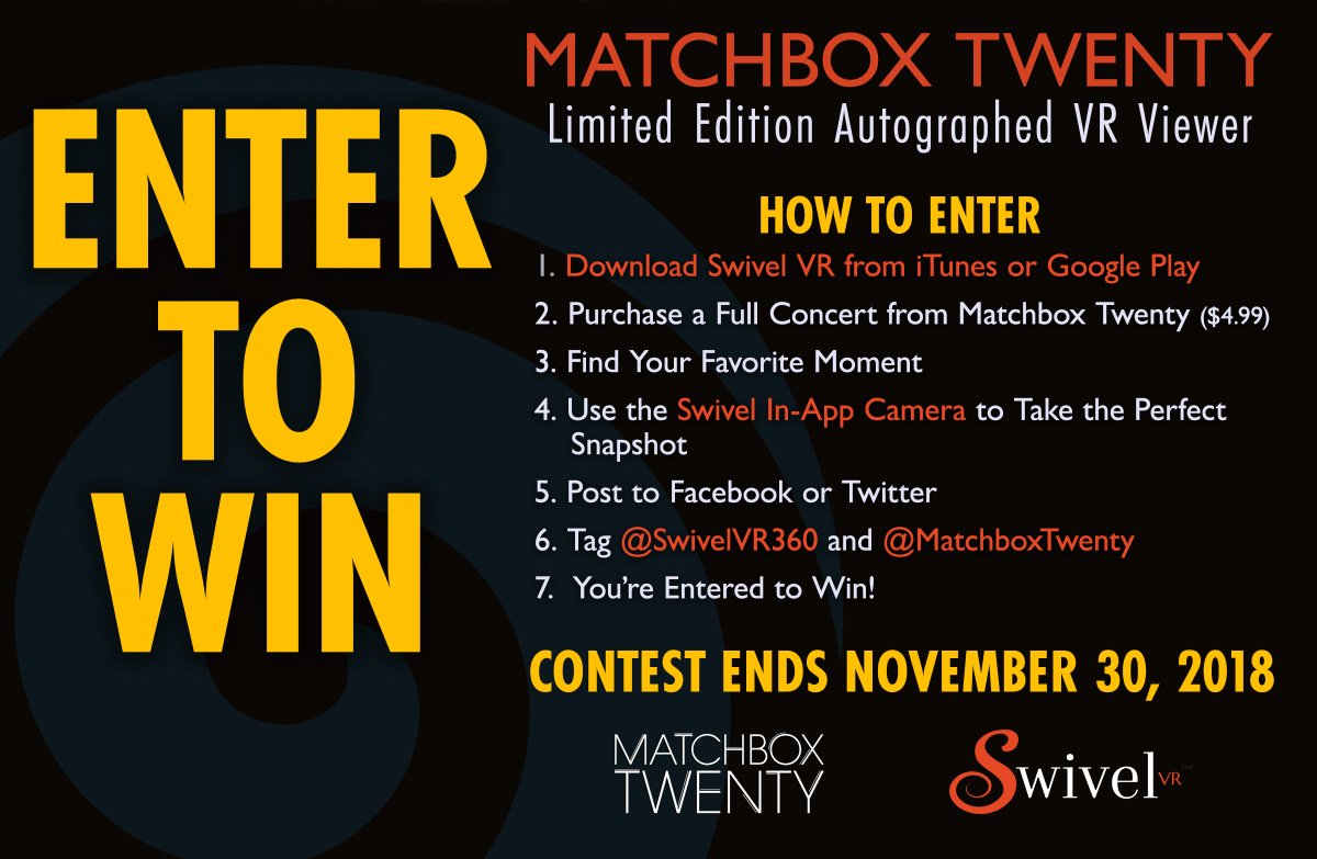 SwivelVR360's tweet photo. Enter to win a sweet Limited Edition @MatchboxTwenty Signed VR Headset! Show us your favorite MB20 Nashville moment! #Contest #MondayMotivation #MatchboxTwenty #SwivelVR https://t.co/pGdiJtJU5b