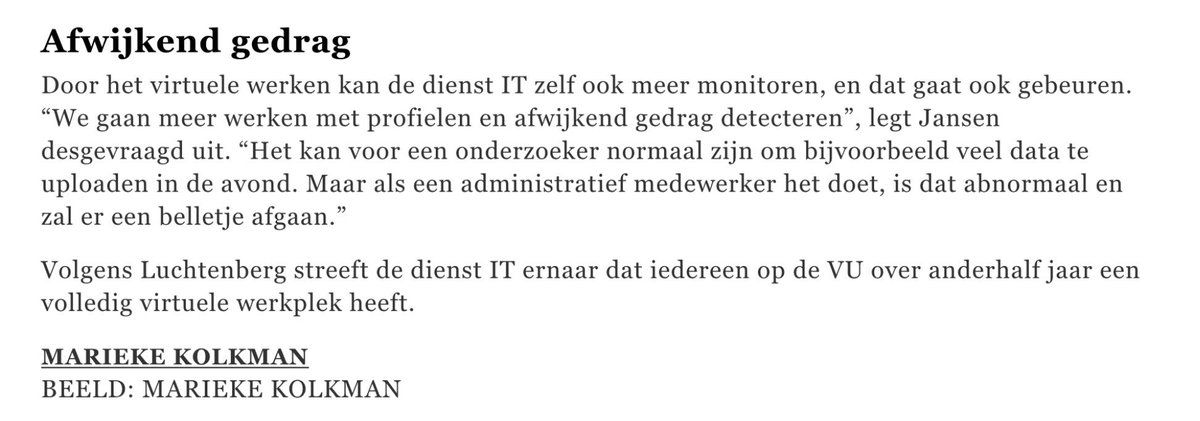 MichelKleinVU's tweet photo. Nou ja! Vice-vz CvB @MarjoleinJanse1 pleit enthousiast voor grootschalige monitoring van IT gebruik, terwijl gedragscode @VUamsterdam expliciet zegt dat het alleen mag in kader van systeem- en netwerkbeveiliging. #1984 https://t.co/BfOEHzhdEo https://t.co/llX6tpU1uu