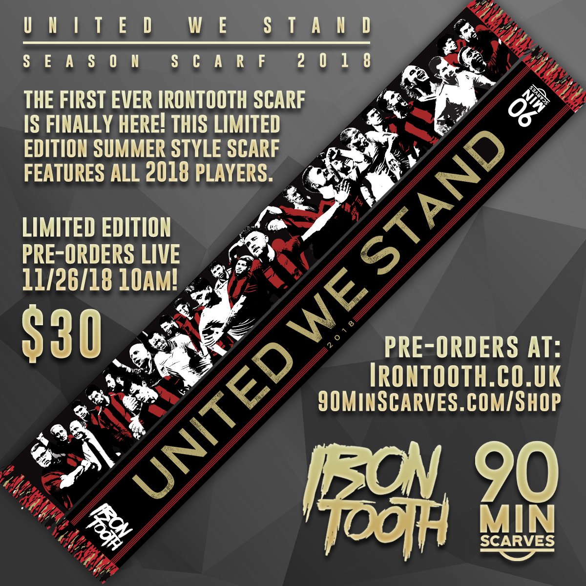 Order page is up and running.  Scarfs are expected to ship by 12/17.  Get yours soon! 90minscarves.com/product/uws #atlutd @irontoothdesign