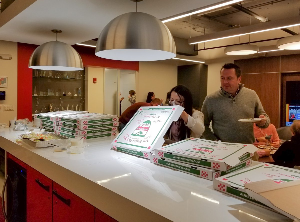 NAIHiffman's tweet photo. The weather outside is frightful but #insideNAI it's a pizza party! Thank you to Larry Much for the @aureliospizza! https://t.co/0cpysl47Di