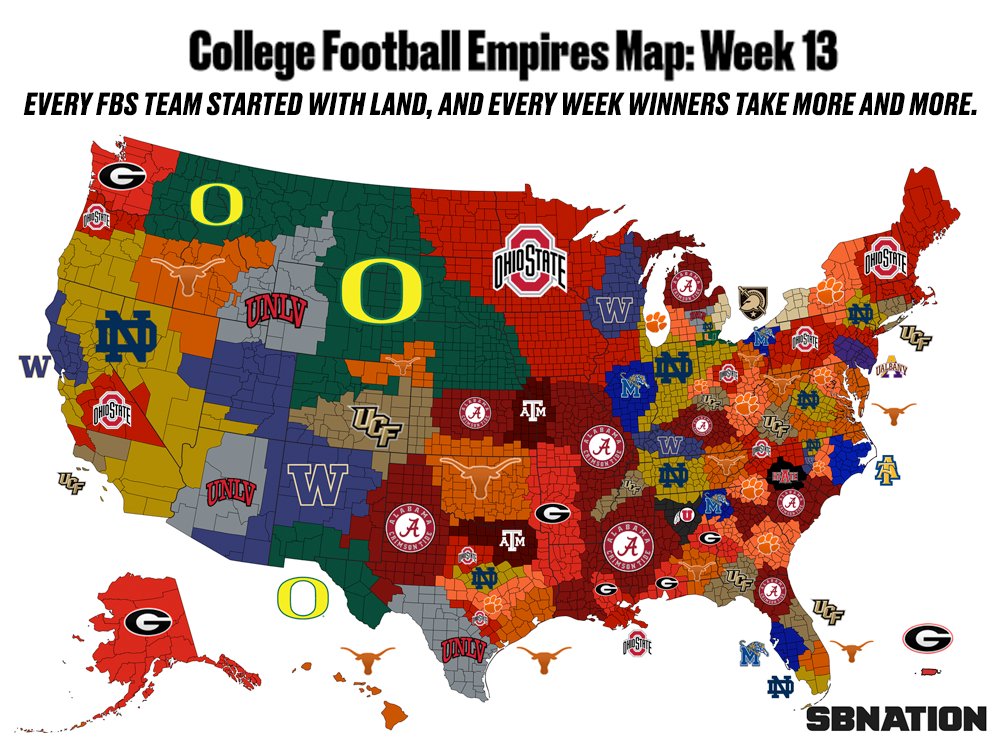 SBNation's tweet photo. - Ohio State dominated Michigan &amp; took all of their land on Saturday! 🔥
- Goodbye, Nevada 😭
- HELLO, UNLV 👋

Here's the official College Football Empires Map after week 13! https://t.co/aUcv4pfxel