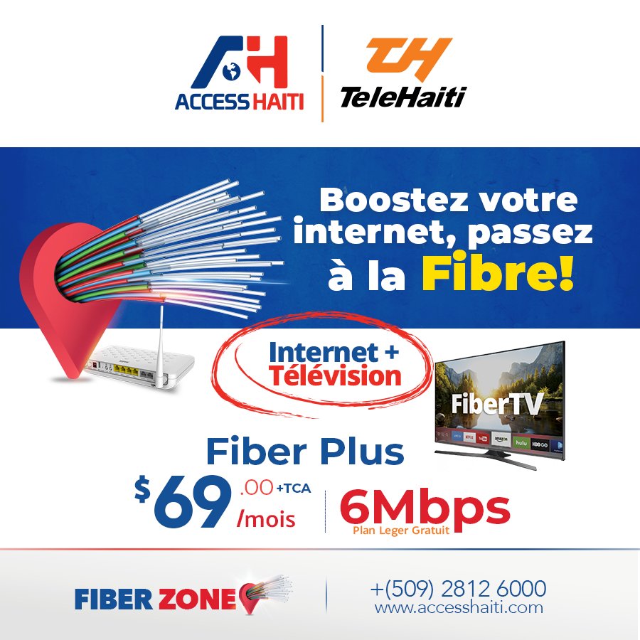 AccessHaiti1's tweet photo. Access Haiti augmente la vitesse de ses plans à plus de 100% 🚀🚉Passez à la Fibre!
Fiber Plus: $69.00 / mois + TCA 😍
Download: 6 Mbps| Plan Leger Gratuit
ACCESS HAITI 📞 2812-6000 / 2998-6000 
https://t.co/Bqp1esRMQA / sales@accesshaiti.net
#FiberZone #FibreOptique #FiberTV https://t.co/3BufkFfUWZ