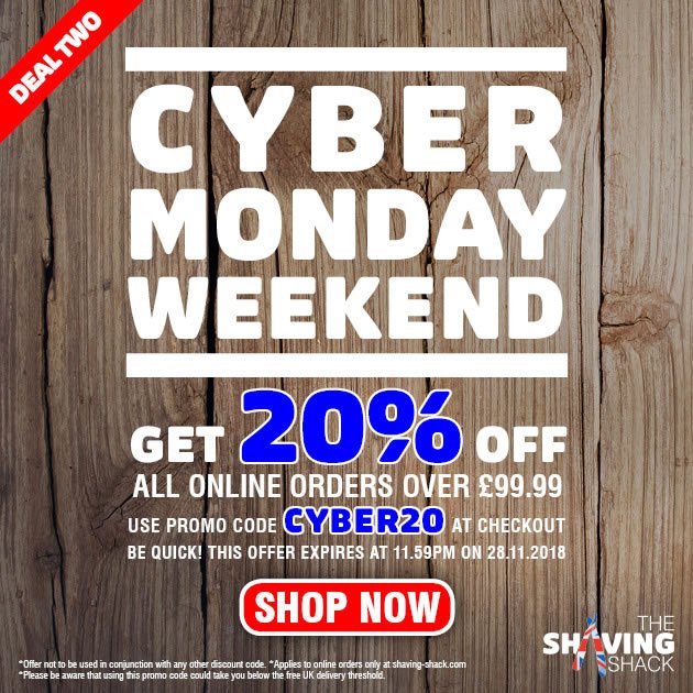 It's Cyber Monday and to celebrate we're offering you 20% off all online orders over £99.99 at shaving-shack.com. Just enter promo code CYBER20 at checkout. #shaving #wetshaving #CyberMonday #CyberMondayDeals