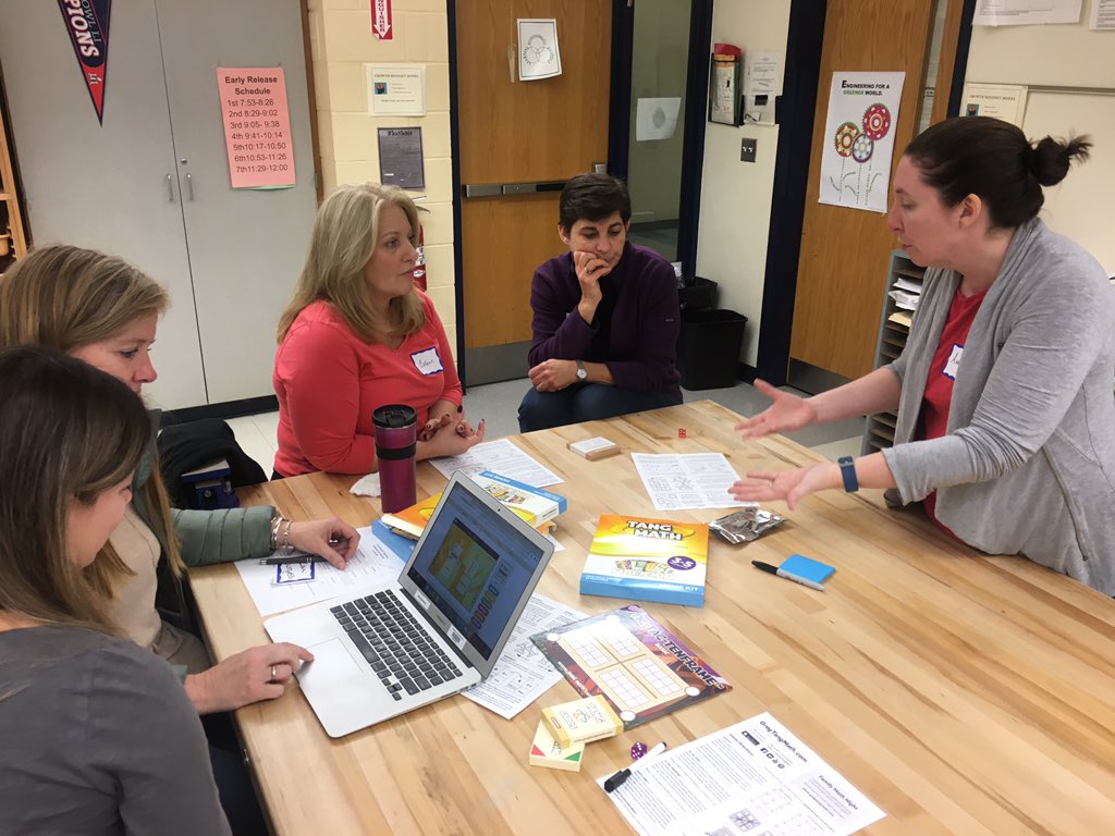 MrLaBroad's tweet photo. Sudbury educators explore @gregtangmath math games that can be used as instructional tools in their classrooms at our 2018 Sudbury #SPSTeachandLearn PD! #hayneselementaryschool https://t.co/8jvCDPc3rx