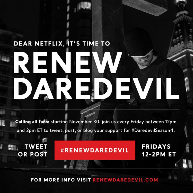 Calling all <a href="/Daredevil/">Daredevil</a> fans! Do you want #DaredevilSeason4 as much as we do? Help us tell <a href="/netflix/">Netflix</a> it's time to #RenewDaredevil! Learn more at 👉 renewdaredevil.com 👈