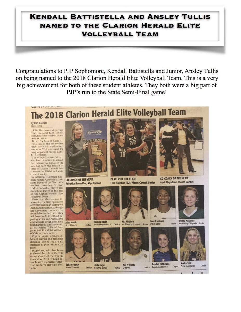 Congratulations to Kendall Battistella and Ansley Tullis on being selected to the 2018 Clarion Herald Elite Volleyball Team!