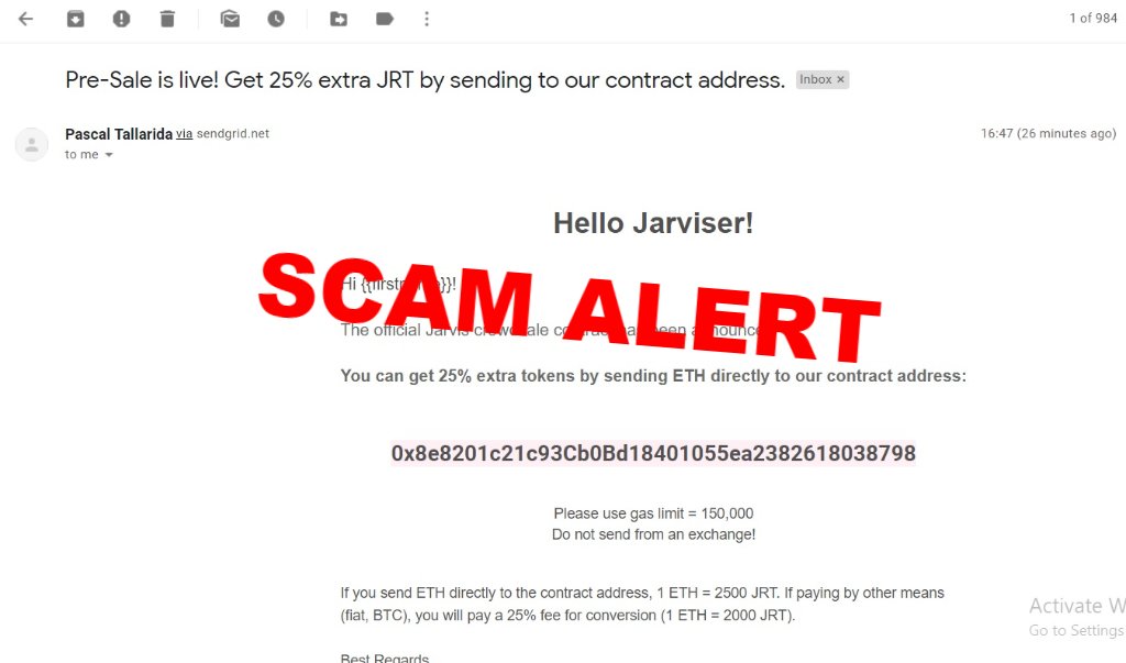 Jarvis_Network's tweet image. 🛑IMPORTANT🛑
THIS IS A SCAM, DO NOT SEND ANY TOKENS HERE! 
This is a scam email and we did not send this!!
ONLY BUY JRT FROM THE OFFICIAL WEBSITE!

Always check the sender email and ensure it is from the correct address!