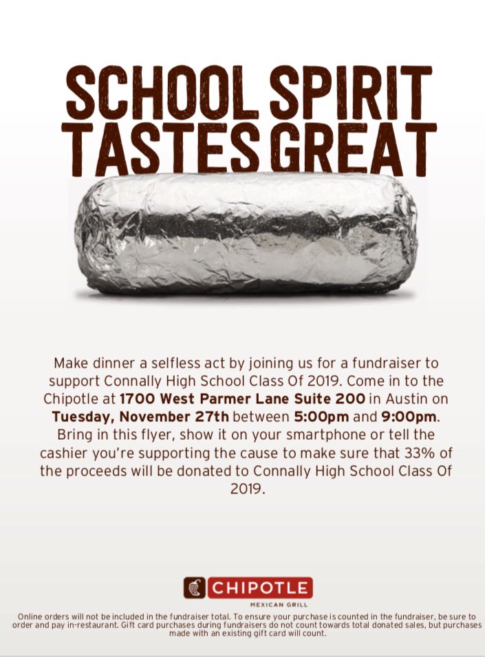 Hey guys! Chipotle fundraiser this Tuesday from 5pm-9pm stop by and show this flyer or mention CHS 2019 when paying to give proceeds to the class :)