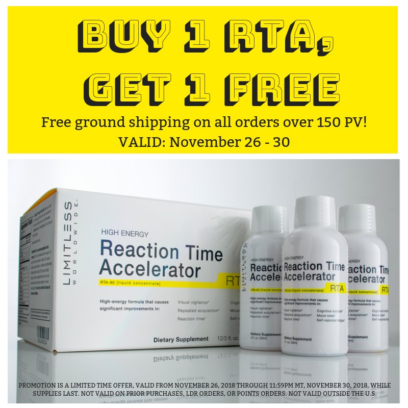 LimitlessWWLLC's tweet photo. RTA BOGO!!! Plus, free ground shipping on all orders over 150 PV!

Promo ends this Friday, November 30th.

#CyberMonday #CyberMondayDeals 
#LiveLimitless #LimitlessWorldwide https://t.co/4BReJu3D5q