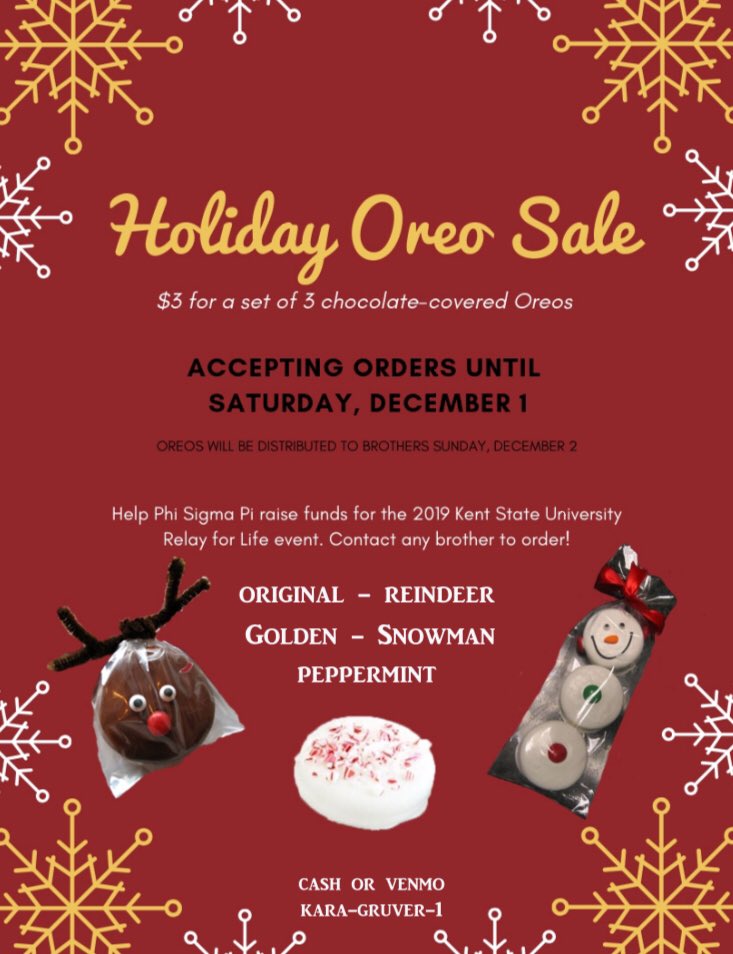 phisigmapi_kent's tweet photo. Selling fun, chocolate-covered Oreos to raise money for Relay for Life! Contact a brother to make an order! 🍪⛄️ https://t.co/gU3kfiYzBd