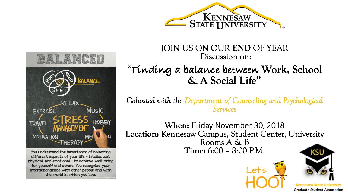 KSU_GSA's tweet photo. Don't forget to join us at our last event of the semester co-hosted with the Department of Counseling and Psychological services THIS FRIDAY FROM 6-8 P.M! 🦉 #KSUGSA
Questions? Email us at ksugsa@gmail.com! https://t.co/JgxDT2wf1C