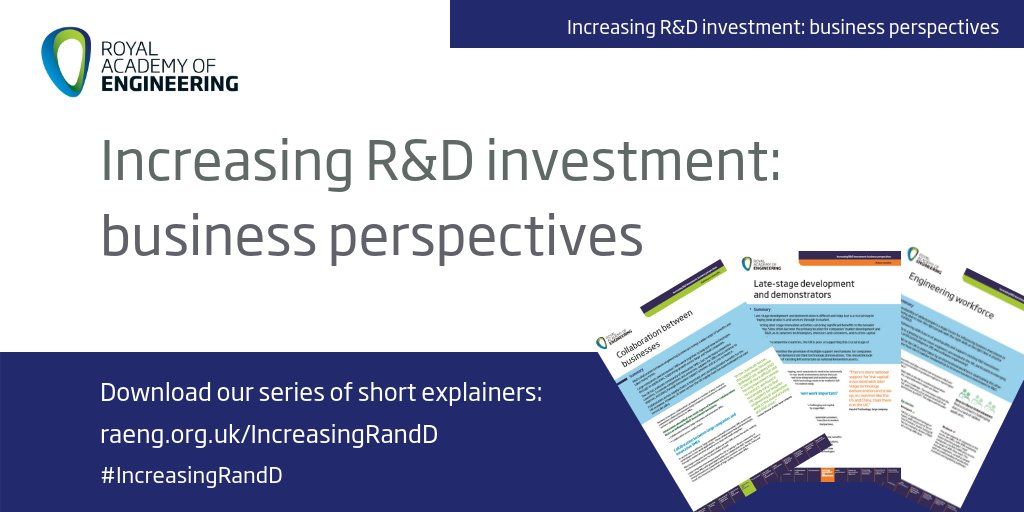 RAEngNews's tweet photo. Innovators call for more support for the ‘D’ in R&amp;D to increase UK competitiveness. Download our research on how the government can achieve their longer-term goal of investing 3% of GDP in R&amp;D: https://t.co/jTOLexL6dc  #IncreasingRandD https://t.co/dQAU9C2T47