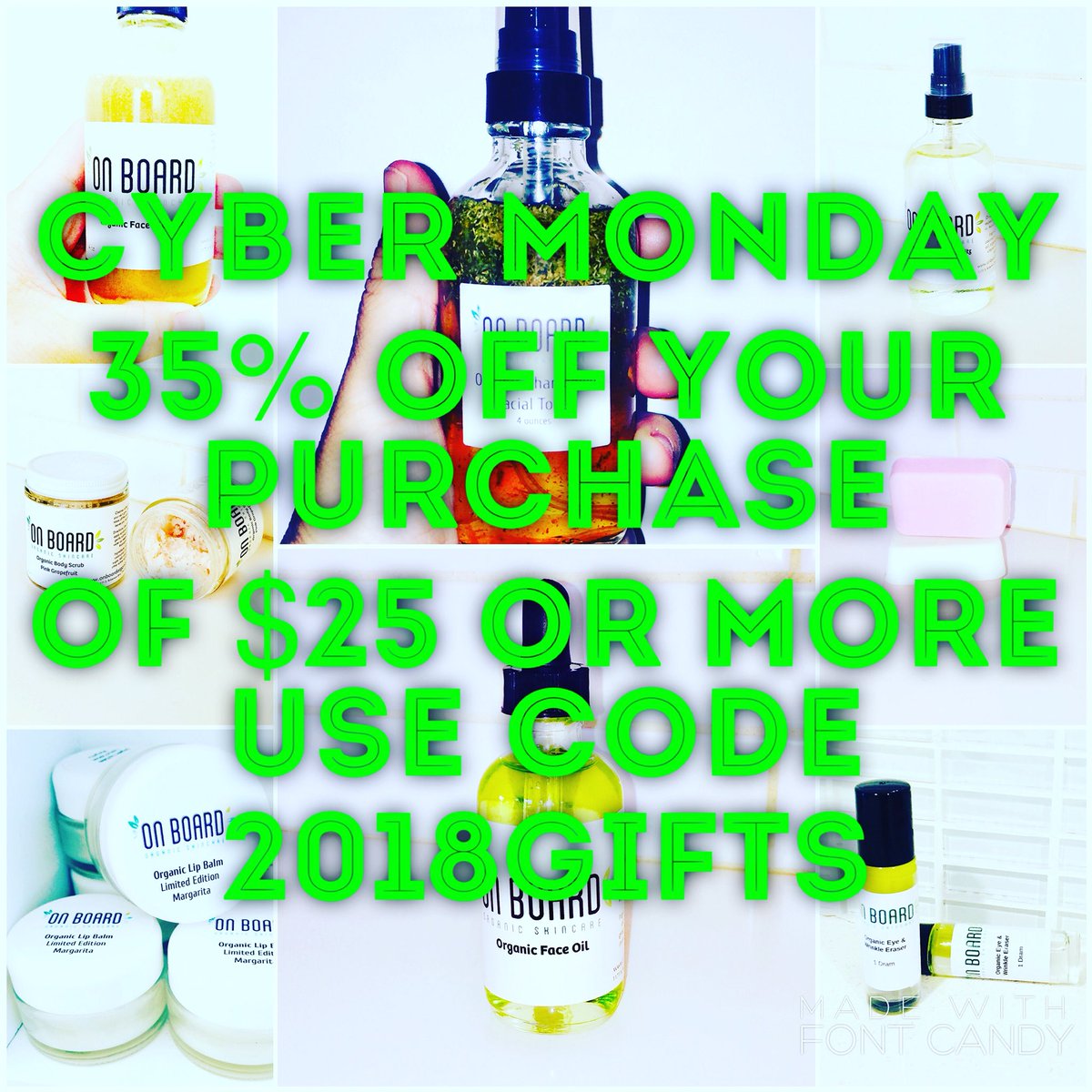 #On Board is #gifting you a #deal this #cybermonday.#fillyourstocking this #holidayseason with #organic #smallbatch #limitedingredient #skincare. #madeinlosangeles with #lotsoflove and always offering you complimentary #giftwrap and #freeshipping on all orders over $25