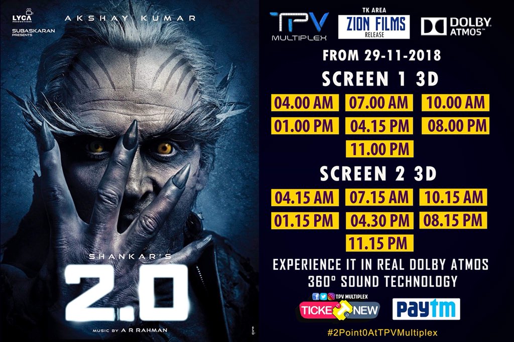 TPVMultiplex's tweet photo. Have you booked your seats for #MagnumOpus #2Point0 ? We have updated both #Screen 1 & #Screen2 with the latest #3DKit so that the fans can enjoy every bit of #Chitti and his actions ๐
Book Now: https://t.co/H5TWun88d5
#2Point0AtTPVMultiplex
#2Point0WithZionFilms https://t.co/9eYJTaE3SK