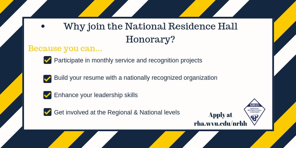 Welcome back from break students! Our membership application closes in less than a week on December 2nd at 11:59pm. If you have lived on campus at least 1 semester by Spring 2019 &amp; have a 2.5 GPA, you're eligible to apply. wvu.qualtrics.com/jfe/form/SV_5d…