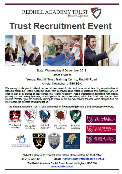 Not long to go until our Trust Recruitment Event!
Register your interest to gain your first teaching post with an outstanding Trust
offering excellent CPD provision and scope for career progression by contacting -
TrustOffice@theredhillacademy.org.uk or on Eventbrite.