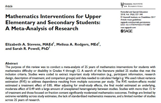 sarahpowellphd's tweet photo. Out now in Remedial and Special Education! TLDR? Strong effects for #math interventions in grades 4-12 but a limited number of interventions are available for all math content areas. @MCPER_EDU @utexascoe https://t.co/WmZmkkL081 https://t.co/1G0tOXTwnQ