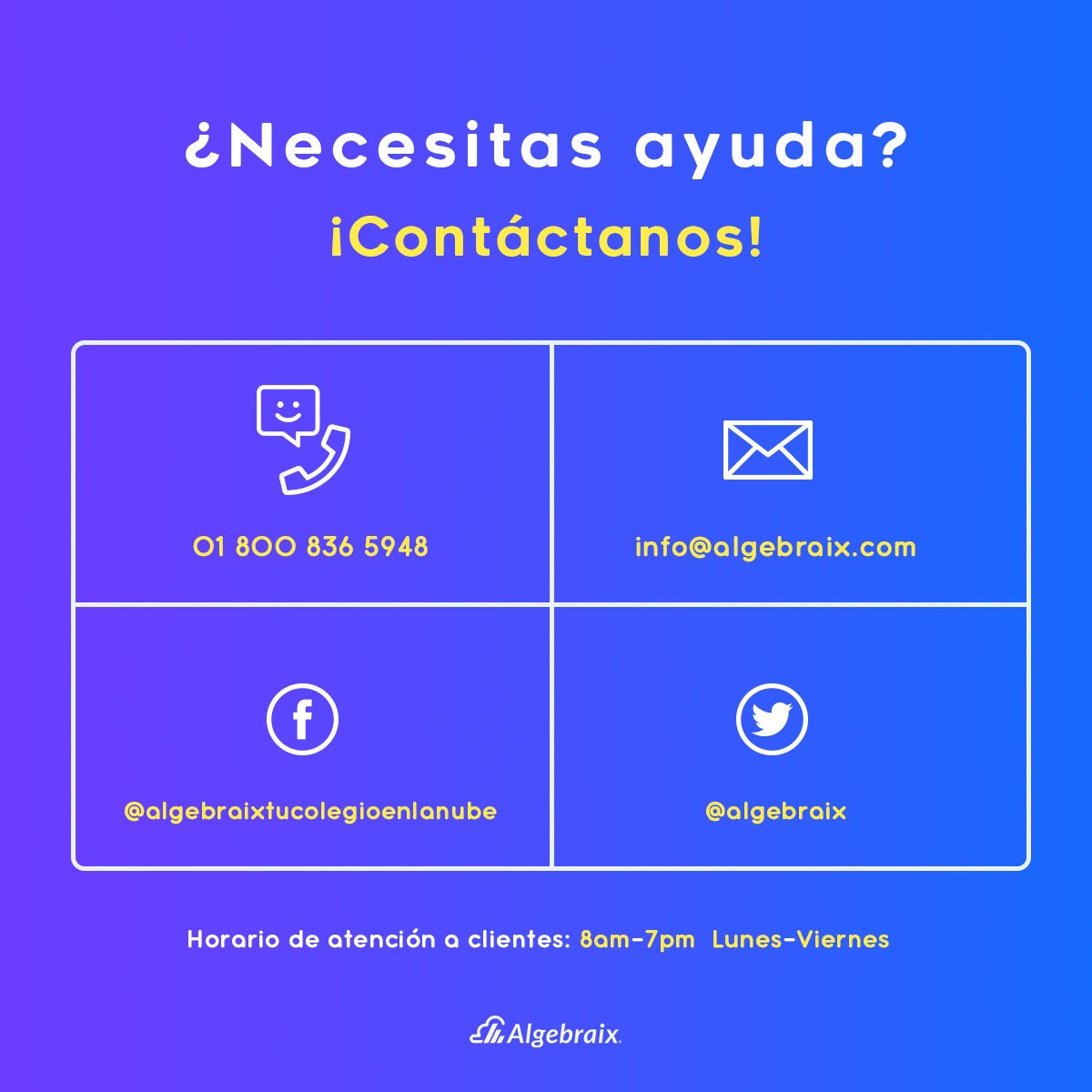 Algebraix's tweet photo. ¿Necesitas ayuda? ¡Con gusto te asesoramos! 😊
📢¿Ya nos conoces? https://t.co/NN5jzvTheP
#Algebraix #TuColegioEnLaNube💻☁️ https://t.co/1biNMjHQtO