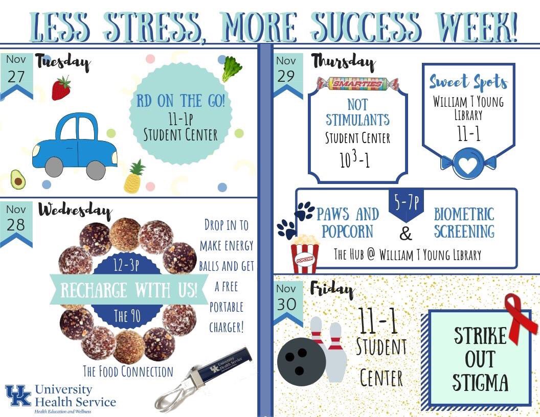 UHSPaws's tweet photo. Don't let stress control you! Stop by some of our #LessStressMoreSuccess week events to help cope with stress and ace those finals!! #StayWell #StressLessUK https://t.co/dRI6VVQ5zf