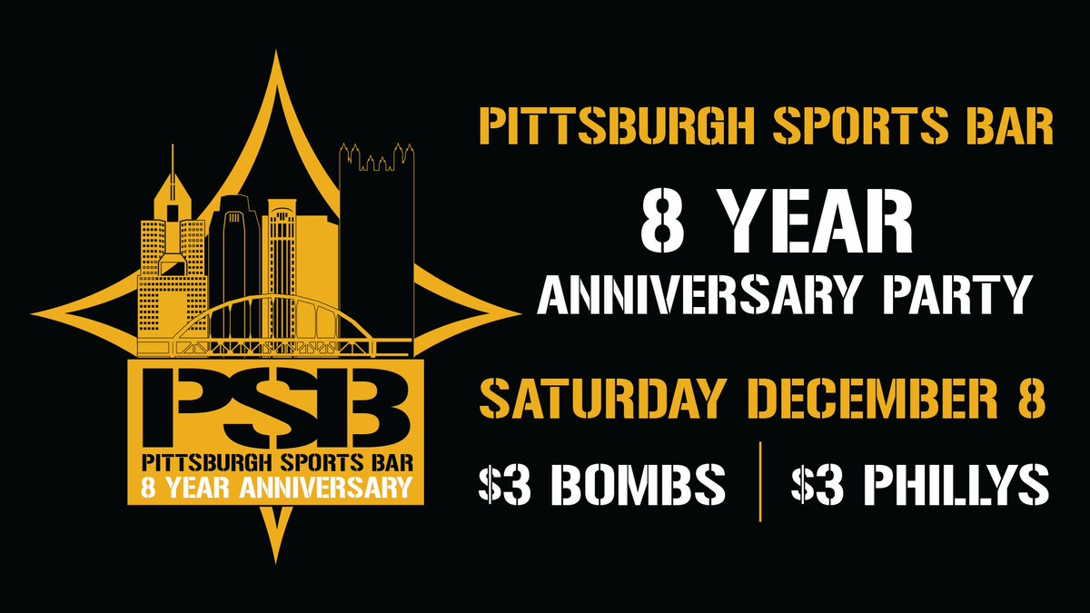 Come celebrate Pittsburgh Sports Bar's 8 year anniversary on Saturday December 8th! Specials will include $3 bombs and $3 Phillys. See you there!
#PSB #pittsburghsportsbar #8yearanniversary #bombs #phillys