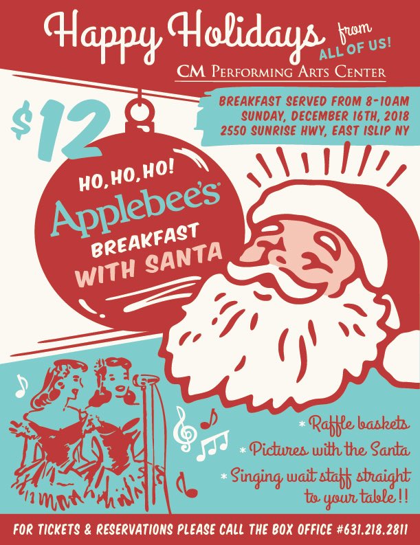 cmpac's tweet image. While we’d love to find out what “singinging wait staff” are, here’s the updated flyer for our #Breakfast with #Santa. Thank you #Applebee’s for the poster!

Join @cmperformingarts at @applebees in #EastIslip on Sunday December 16th from 8AM-10AM for #BreakfastWithSanta!