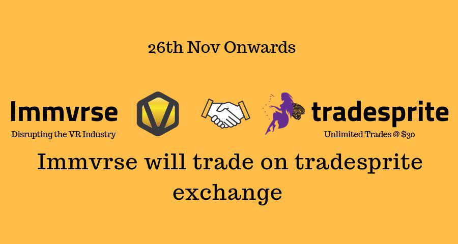 Dear Community, we are glad to announce that $IMVR will be traded on <a href="/tradesprite/">tradesprite</a> exchange from 26 November! Tradesprite is incorporated in Singapore and has already achieved $4M volume! Start trading your tokens now!
tradesprite.com

#StayImmVRsed #IMVR #Tradesprite