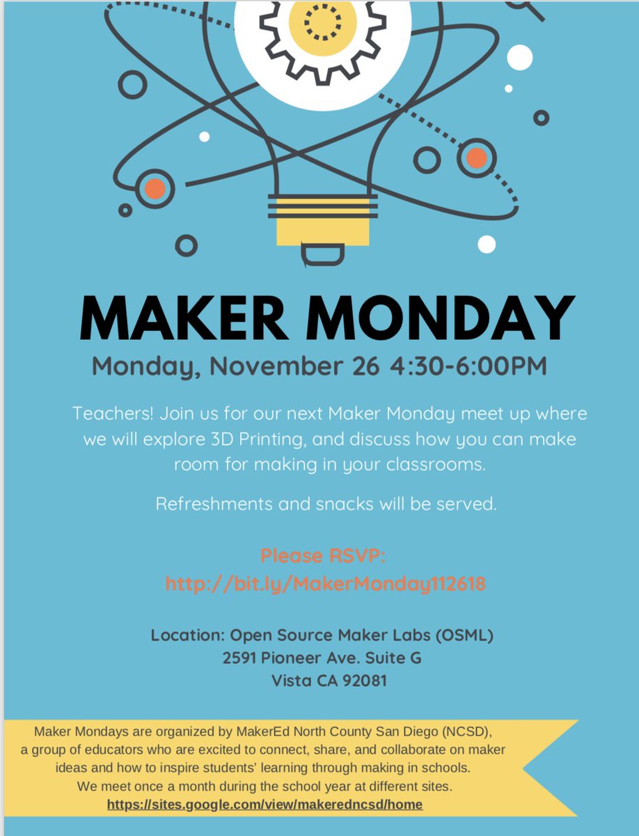 MakerEdNCSD's tweet photo. Today is the day!! See you all @OSMakerLabs for #MakerMonday #3Dprinting https://t.co/Bb42X6cPS3