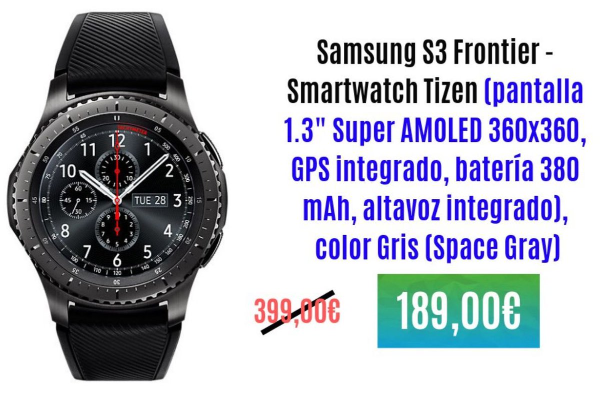 CholloPrecio's tweet photo. Samsung S3 Frontier - Smartwatch Tizen (pantalla 1.3" Super AMOLED 360x360, GPS integrado, batería 380 mAh, altavoz integrado), color Gris (Space Gray)
Por sólo 189,00€ (PVP: 399,00€)  

👉🏼 Enclace del chollo: https://t.co/DUk0qz3r9D

#cybermonday #CyberMonday  #BlackFriday https://t.co/ZSm6vsg4sg