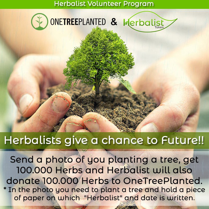 herbalistoken's tweet photo. As Herbalist Team we are going to reward 100.000 $HERB tokens to anyone planting a tree and sending a picture of himself/herself while holding a paper with “Herbalist” and the date written on it. Check out our medium article for details. 

https://t.co/JZ5UvDYWkQ

@onetreeplanted https://t.co/yEZ1lwCUc1