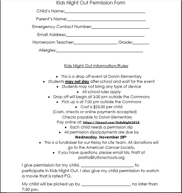 Ms. Pratt (@prattastic5) on Twitter photo Come join us at Kids' Night Out on Friday, Nov. 30th 3:30-7:30! Support Relay for Life and <a href="/teamdolvinRFL/">Dolvin Relay 4 Life</a> with a night of fun, games, crafts, movies, dinner and popcorn!! <a href="/DolvinES/">Dolvin ES</a> <a href="/EndicottSpot/">Megan Endicott</a> Come join us at Kids' Night Out on Friday, Nov. 30th 3:30-7:30! Support Relay for Life and <a href="/teamdolvinRFL/">Dolvin Relay 4 Life</a> with a night of fun, games, crafts, movies, dinner and popcorn!! <a href="/DolvinES/">Dolvin ES</a> <a href="/EndicottSpot/">Megan Endicott</a>