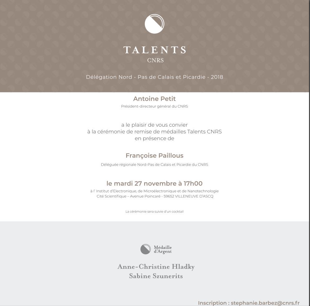 Les alumni ISEN sont fiers ! Anne-Christine Hladky (ISEN Lille 1987) recevra demain la médaille d'argent du CNRS. Un prix prestigieux qui n’avait pas été décerné à un chercheur des Hauts de France depuis trop trop longtemps !
Félicitations Anne-Christine! @umr8520_iemn <a href="/CNRS_HdF/">CNRS Hauts-de-France</a>