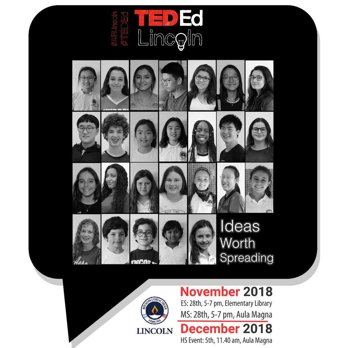 TEDEd_AEL's tweet photo. TEDEd is fastly approaching and we’re proud to announce our line up of speakers. You don’t want to miss their talks! Mark your calendars! ES and MS, November 28th, 5-7 pm. 
HS, December 5th, 11.40 am. #AELincoln #TEDEd https://t.co/QR4cSzxZUe