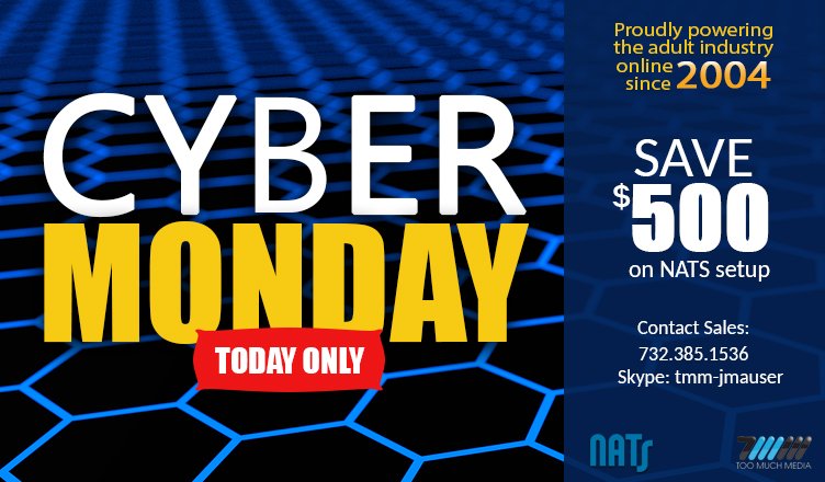 TooMuchMedia's tweet photo. CYBER MONDAY DEAL: Thought about using NATS for your subscription site? Today only, save $500 on the initial cost to get started. That's a whopping 66% discount!!! #paysite #marketing #software #AffiliateMarketing #cybermonday #NATS #affiliate #DigitalMarketing https://t.co/ZRQoOYsNtY
