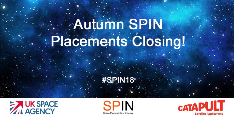 SatAppsCatapult's tweet photo. CLOSING! 9 of our #SPIN18 placements are closing on Weds 28 Nov! Check out the paid #space industry placements available on our website - to be completed by Feb 2019. Don't miss out! https://t.co/Db1hjD69xr https://t.co/yOl8tn1lvH