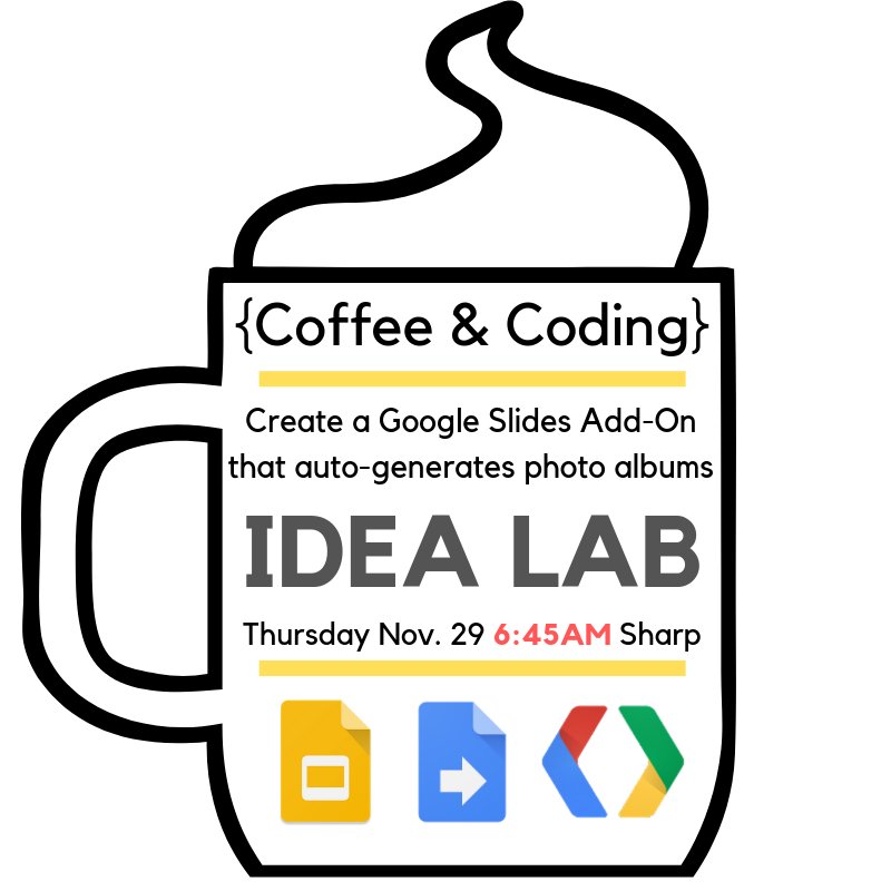 dale_rickardo's tweet image. This Thursday, Nov 29th at 6:45am, #CoffeeAndCoding returns for our 3rd workshop! This time, we will be writing around 25 lines of #code and creating a #GoogleSlides add-on that generates photo albums! 💻📸🤖🤯
Starbucks 'House Blend' on tap ☕️! See you there! #FDRrocks!