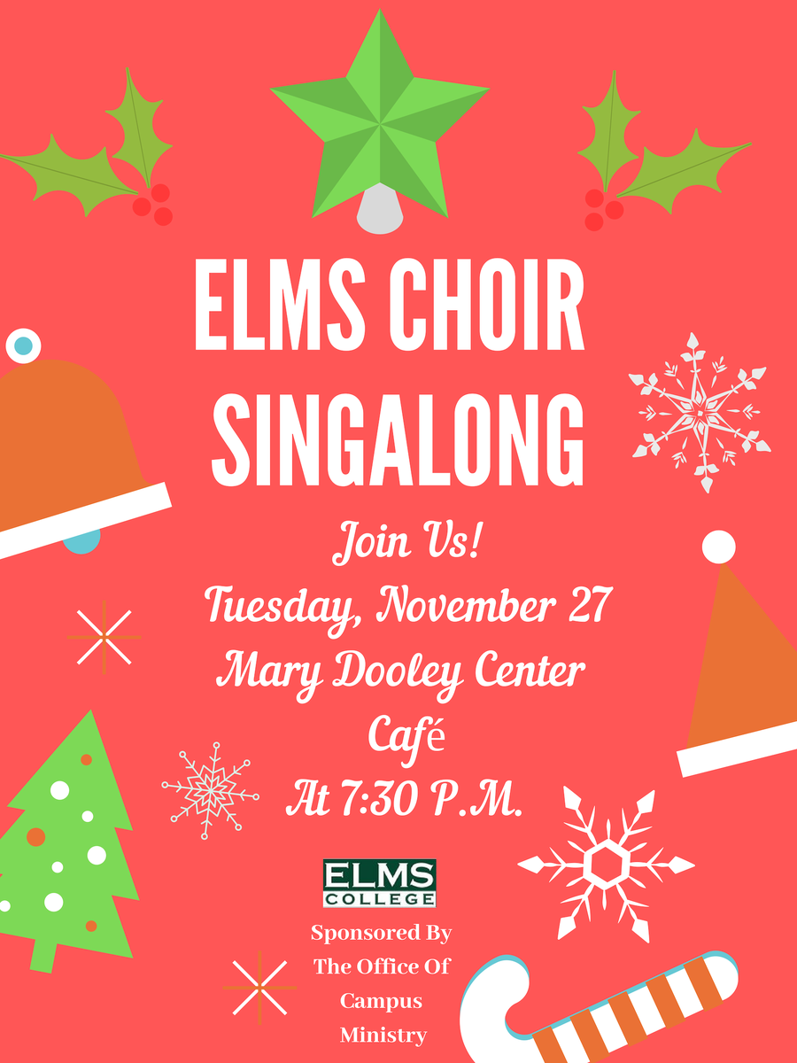 ElmsActivities's tweet photo. All are invited for a singalong with the Elms choir at 7:30 p.m. TOMORROW (Tuesday, Nov. 27) in the Elms Cafe. https://t.co/ayvyucz0eF