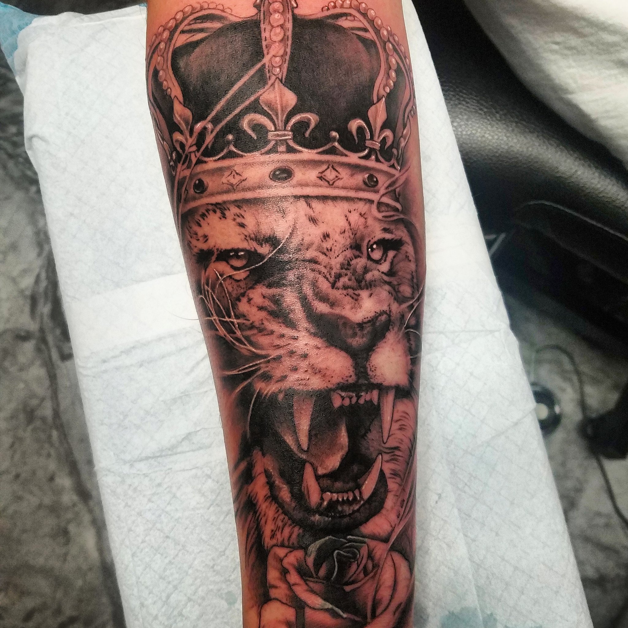 roaring lion with crown tattoo