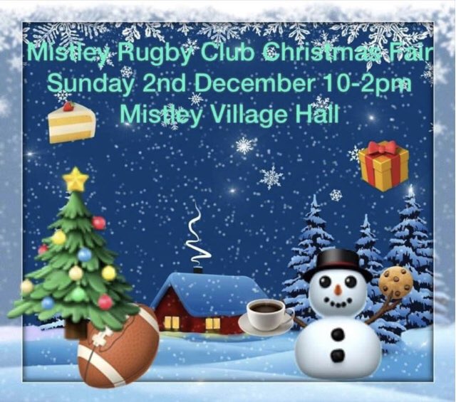 Mistley RUFC Xmas Fair on Sunday 2nd Dec between 10am and 2 pm at Furze Hill playing fields CO11 1HS. Do come and raise monies towards new clubhouse.