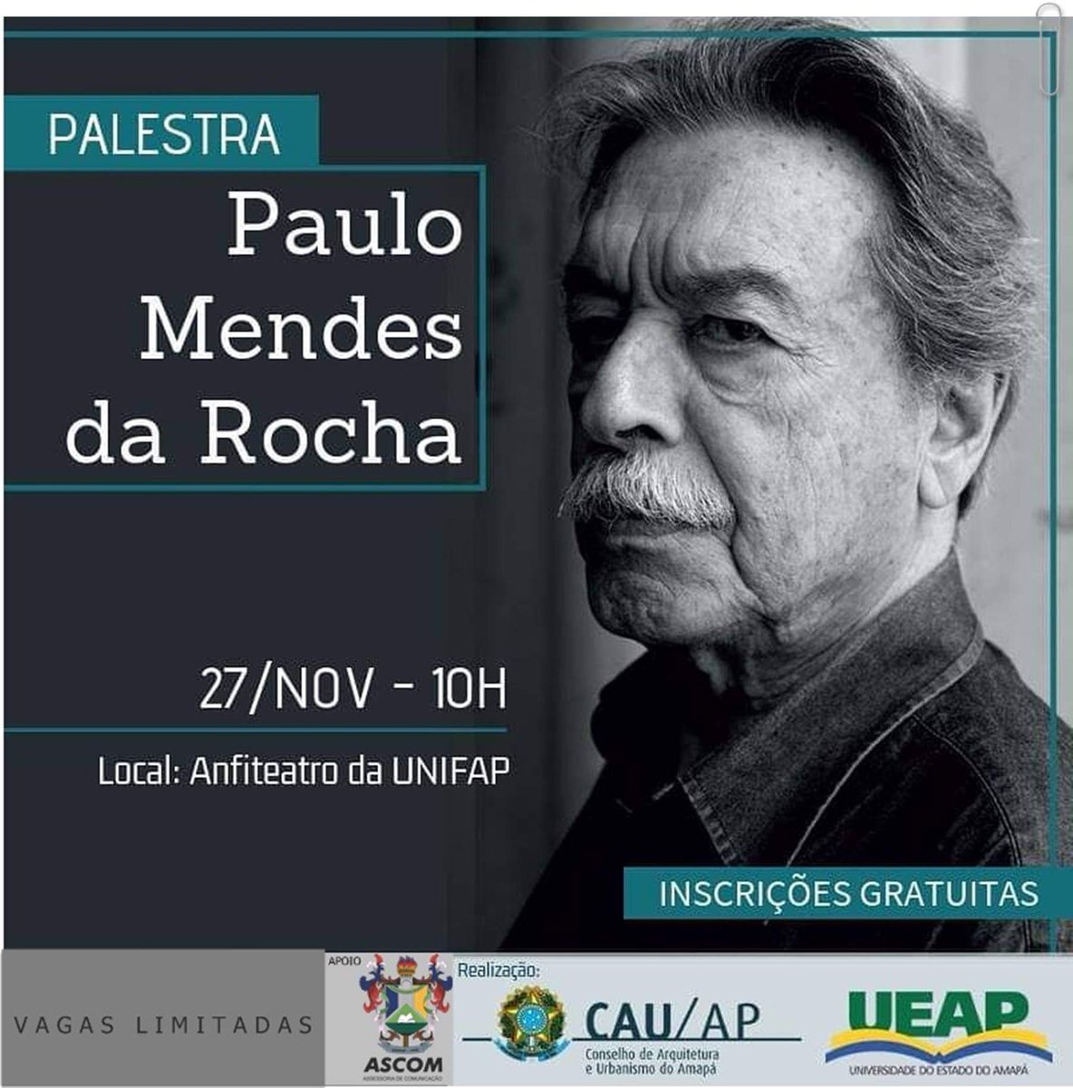 unifapoficial's tweet photo. Promovida pelo CAU/AP e UEAP, com apoio da UNIFAP, a palestra com o arquiteto Paulo Mendes da Rocha ocorrerá pela primeira vez no Amapá no Anfiteatro da UNIFAP. Ganhador do principal prêmio de arquitetura em 2006, Paulo Mendes é considerado um dos maiores arquitetos do mundo. https://t.co/61KlkWO0Tr