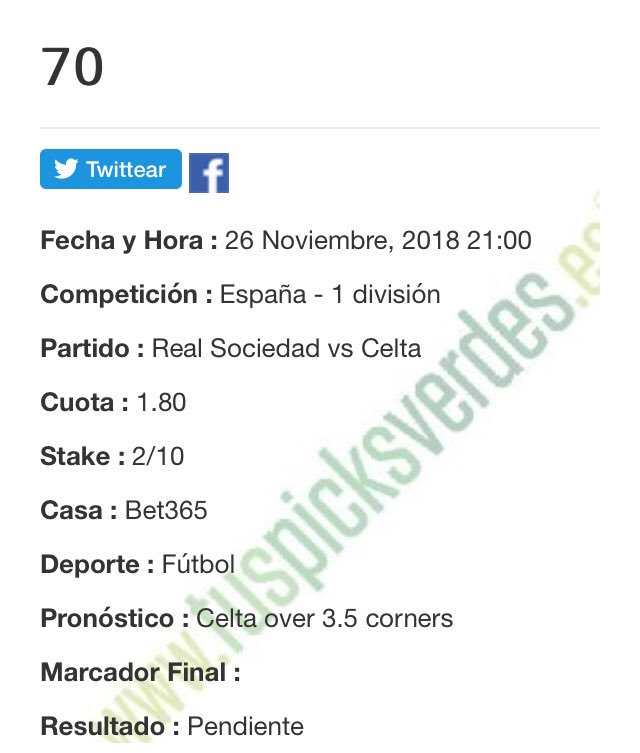 #pickgratis 🥳🎁 
Despues del 💚hat trick en verdes💚 que se marco el domingo, nuestro experto en corners ⛳️⚽️🔝 comparte hoy otro pick premium‼️
🔁👆 Dale RT para que tus amigos nos conozcan y ganen dinero con nostros!
⚠️Hemos abierto el plazo de inscripciones para diciembre!